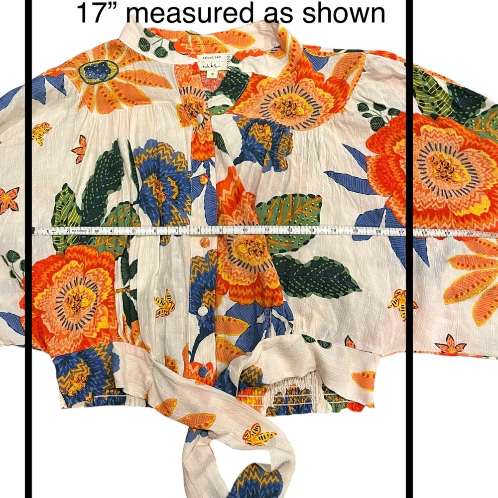 Nicole Miller Floral Boho Top Cream Orange Puff Sleeve Cottagecore Tropical - Picture 9 of 17